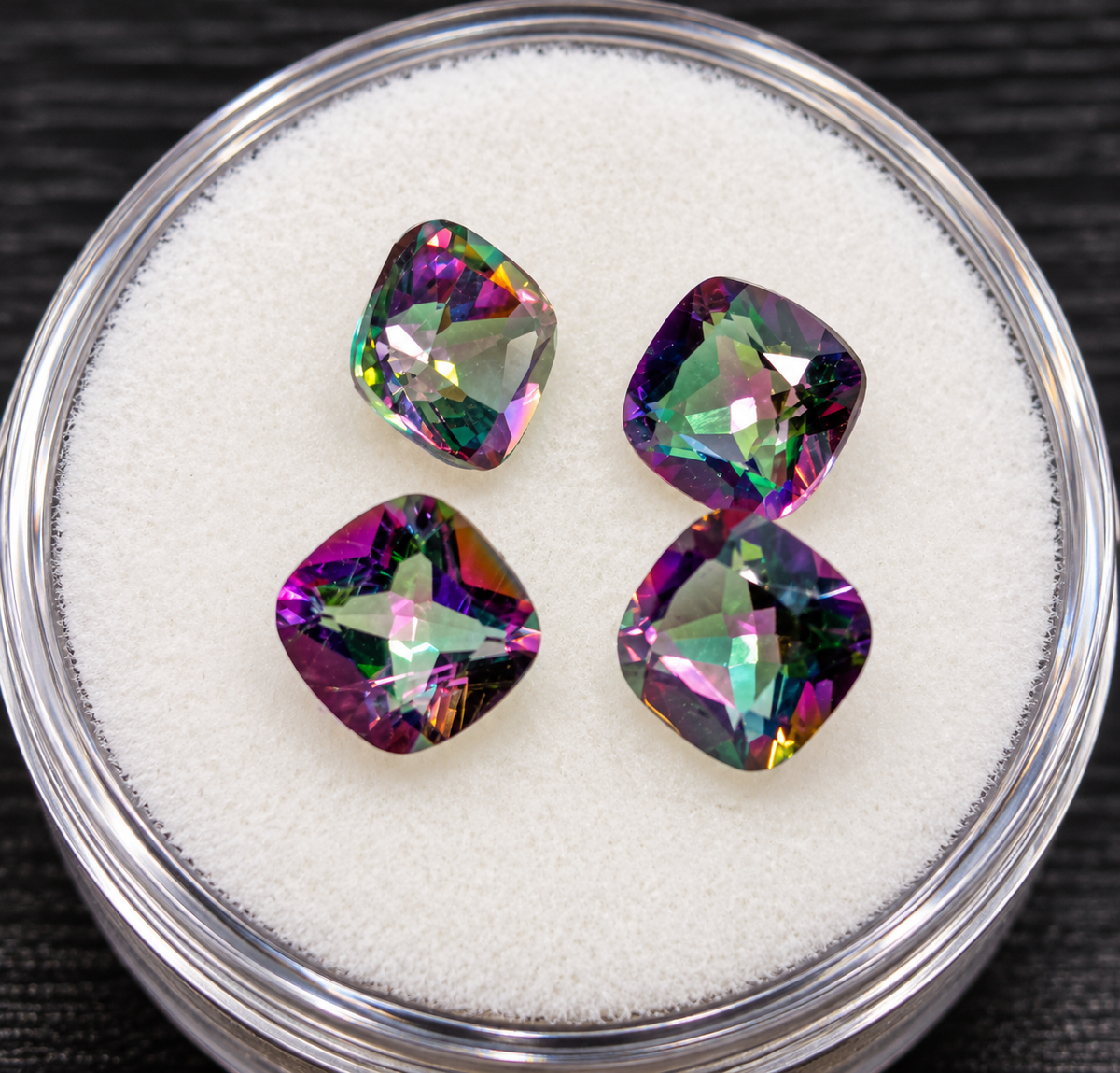 Stylized enhanced promotional photo of 7 mm cushion cut mystic topaz gemstones