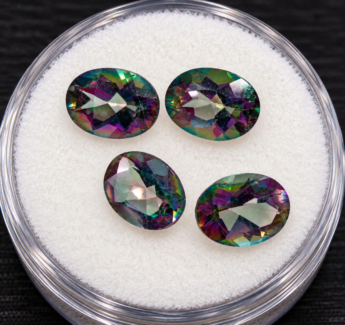 Stylized promotional image of four oval-cut mystic topaz gemstones, subdued rainbow colors